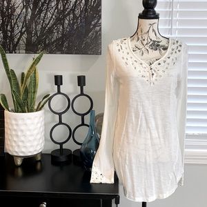 FREE PEOPLE Ivory White Long Sleeve Tee Lace Large